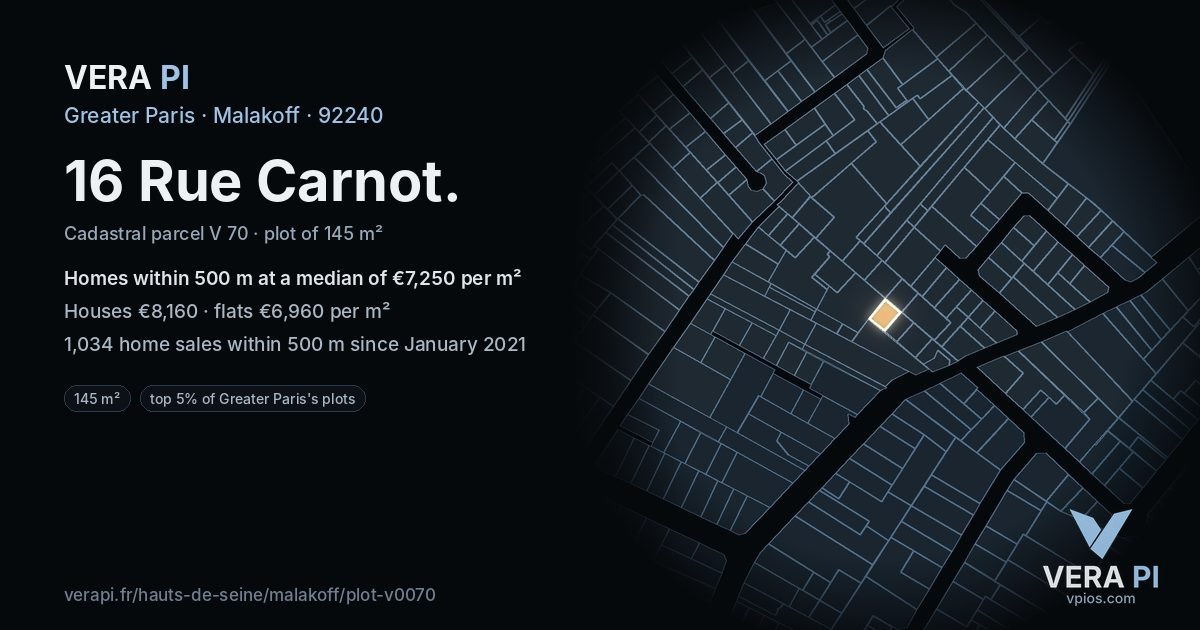 16 Rue Carnot, Malakoff at night – the plot lit, the parcels around coloured by the prices near them