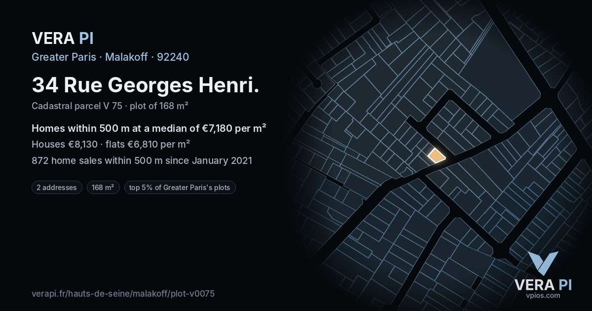 34 Rue Georges Henri, Malakoff at night – the plot lit, the parcels around coloured by the prices near them