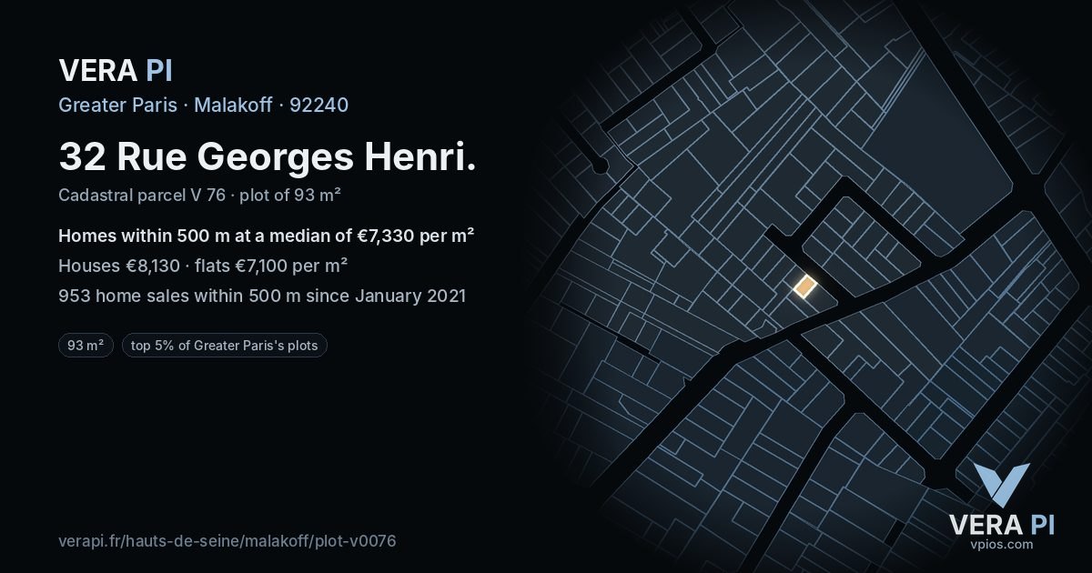 32 Rue Georges Henri, Malakoff at night – the plot lit, the parcels around coloured by the prices near them