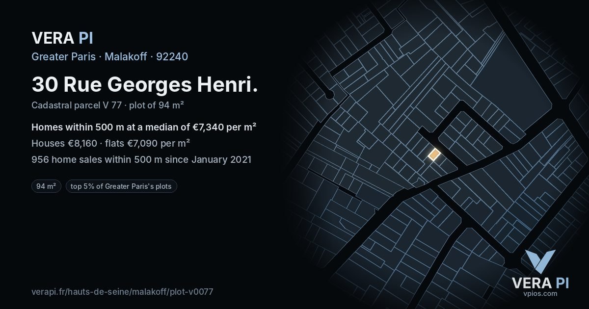30 Rue Georges Henri, Malakoff at night – the plot lit, the parcels around coloured by the prices near them