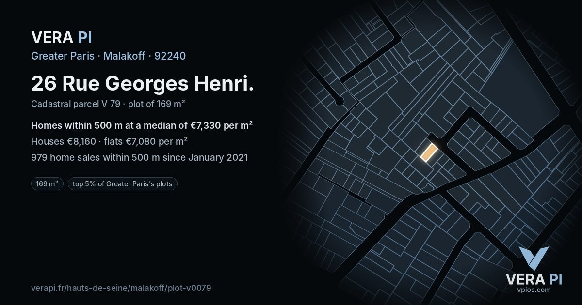 26 Rue Georges Henri, Malakoff at night – the plot lit, the parcels around coloured by the prices near them