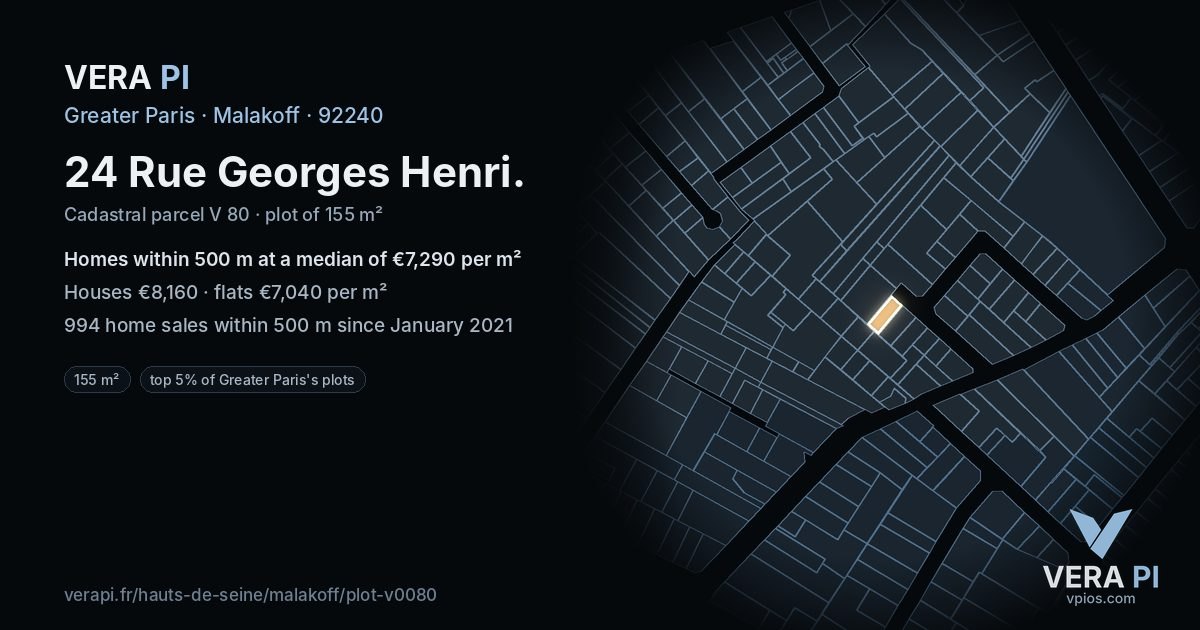 24 Rue Georges Henri, Malakoff at night – the plot lit, the parcels around coloured by the prices near them