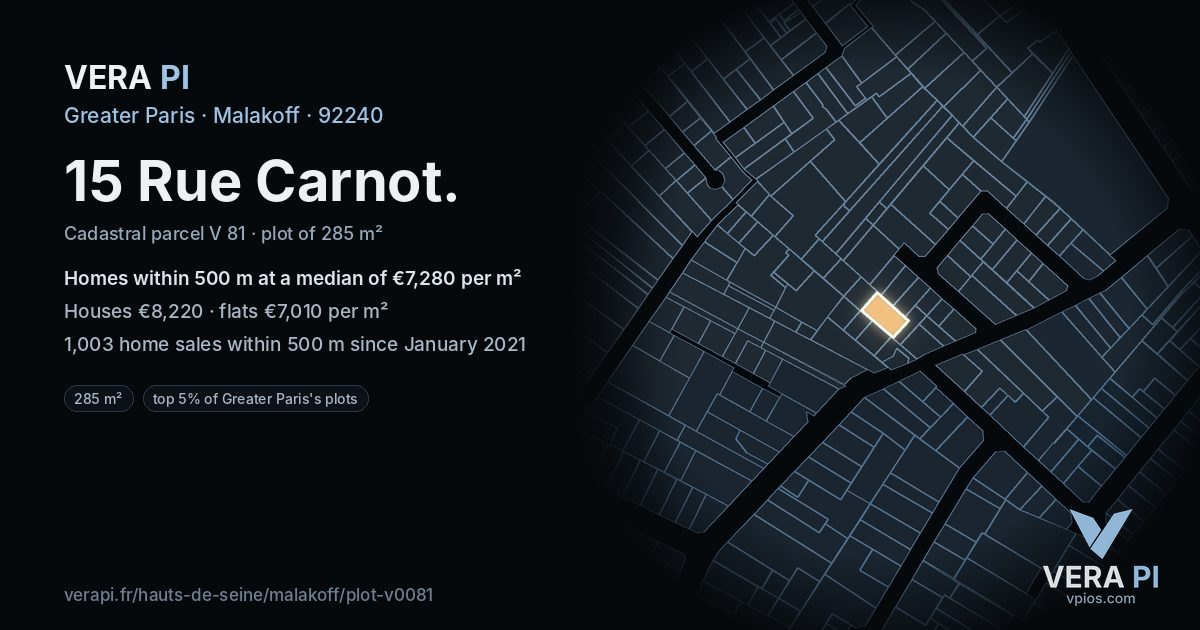 15 Rue Carnot, Malakoff at night – the plot lit, the parcels around coloured by the prices near them