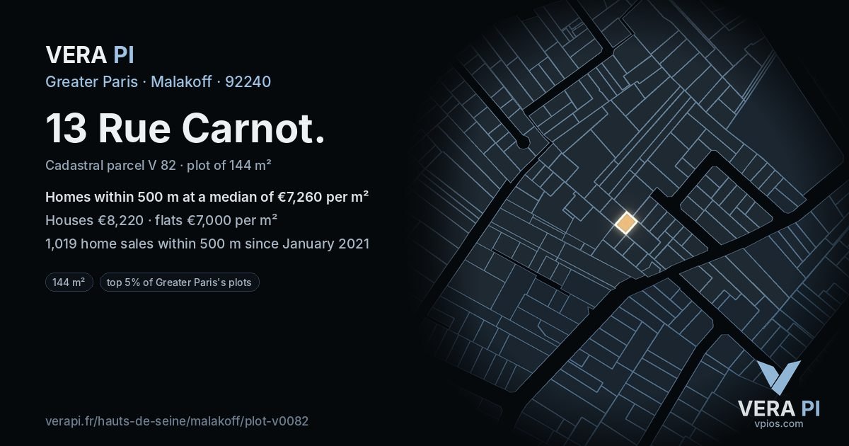 13 Rue Carnot, Malakoff at night – the plot lit, the parcels around coloured by the prices near them