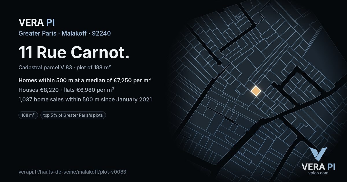 11 Rue Carnot, Malakoff at night – the plot lit, the parcels around coloured by the prices near them