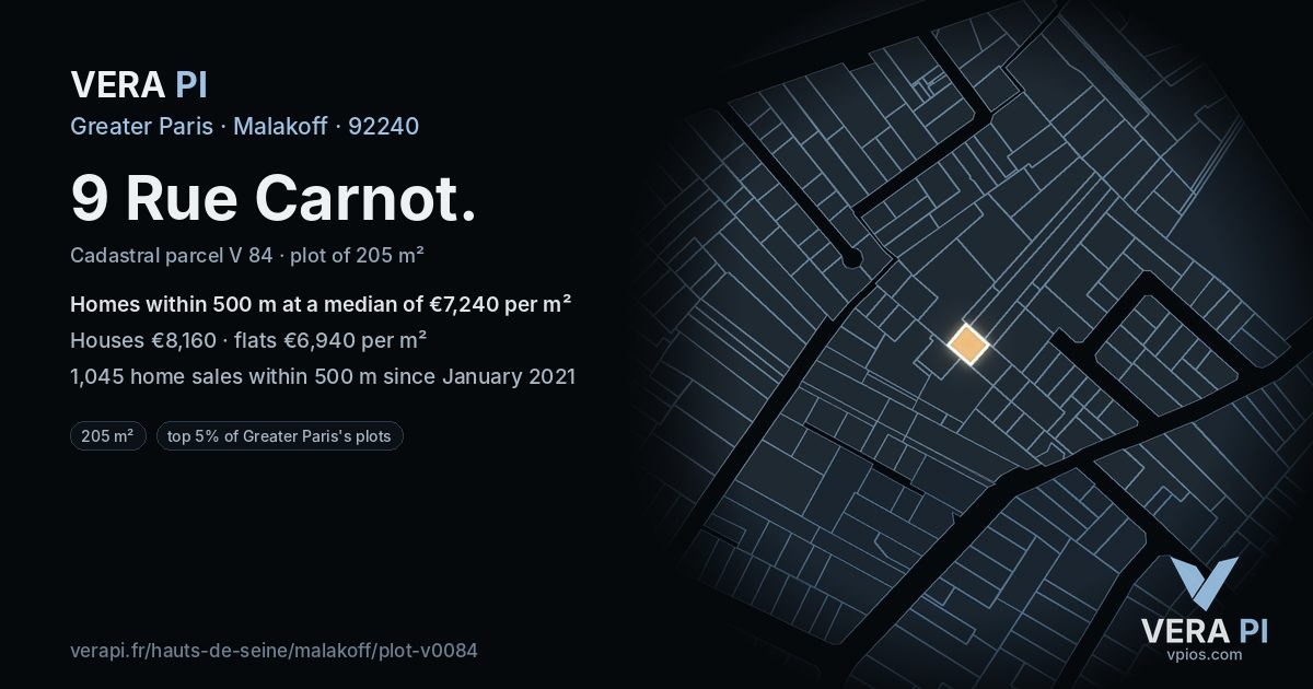 9 Rue Carnot, Malakoff at night – the plot lit, the parcels around coloured by the prices near them