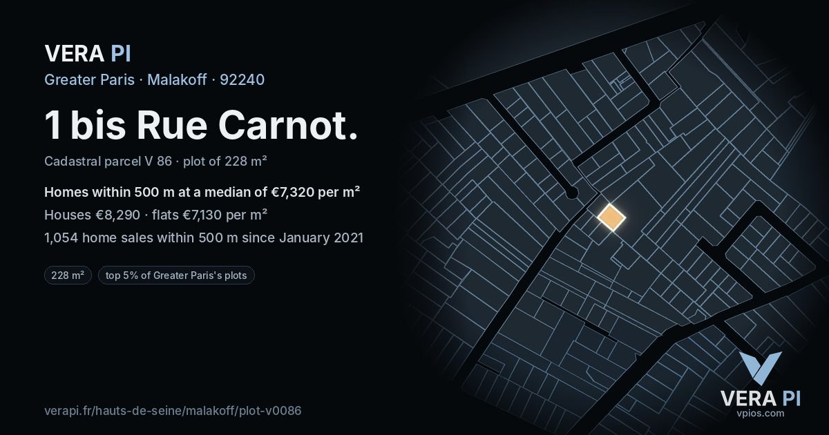 1 bis Rue Carnot, Malakoff at night – the plot lit, the parcels around coloured by the prices near them