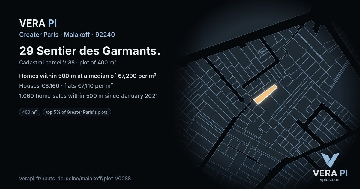 29 Sentier des Garmants, Malakoff at night – the plot lit, the parcels around coloured by the prices near them