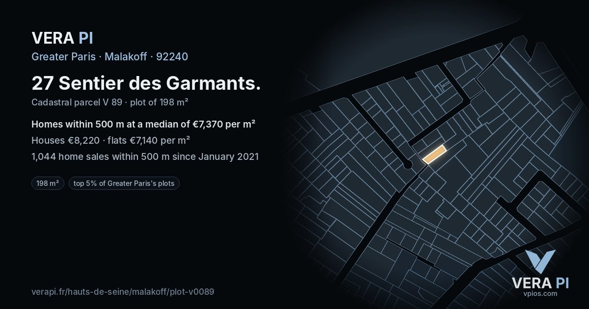 27 Sentier des Garmants, Malakoff at night – the plot lit, the parcels around coloured by the prices near them