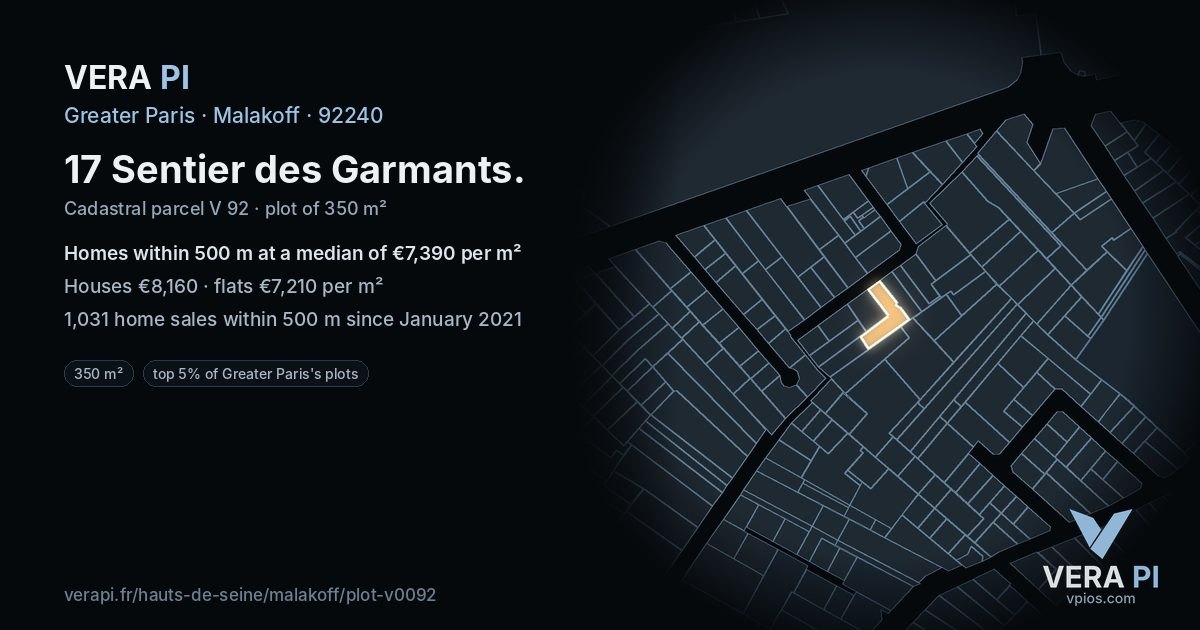 17 Sentier des Garmants, Malakoff at night – the plot lit, the parcels around coloured by the prices near them