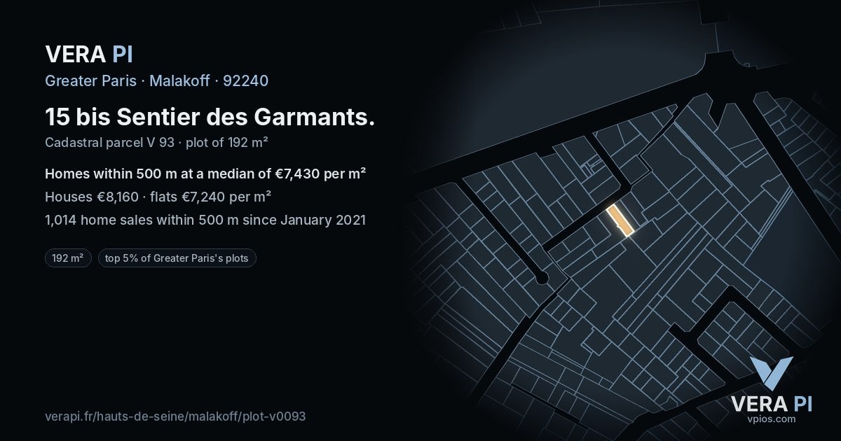 15 bis Sentier des Garmants, Malakoff at night – the plot lit, the parcels around coloured by the prices near them