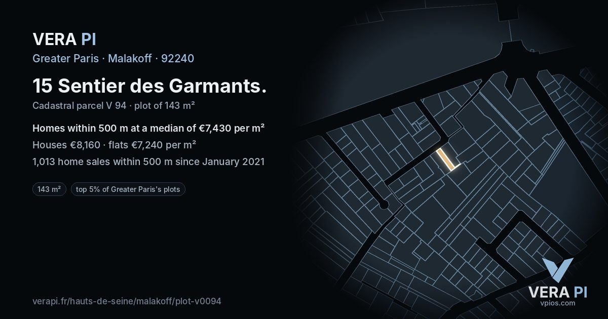 15 Sentier des Garmants, Malakoff at night – the plot lit, the parcels around coloured by the prices near them