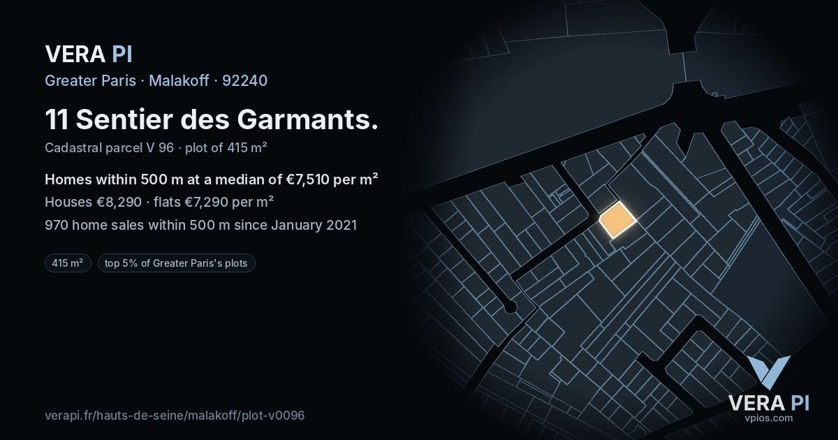 11 Sentier des Garmants, Malakoff at night – the plot lit, the parcels around coloured by the prices near them