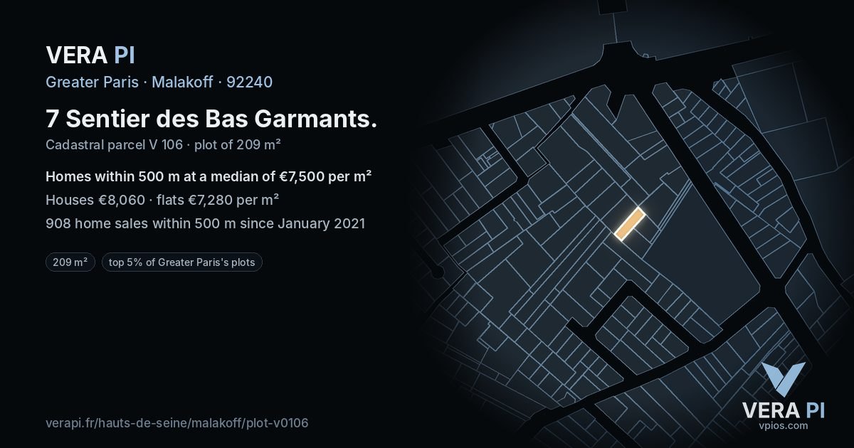 7 Sentier des Bas Garmants, Malakoff at night – the plot lit, the parcels around coloured by the prices near them