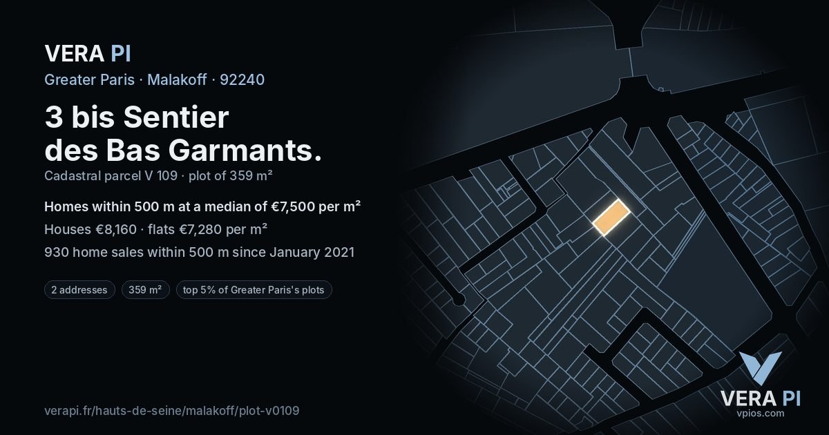 3 bis Sentier des Bas Garmants, Malakoff at night – the plot lit, the parcels around coloured by the prices near them