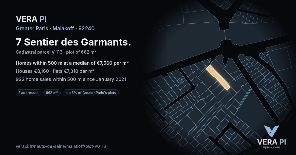 7 Sentier des Garmants, Malakoff at night – the plot lit, the parcels around coloured by the prices near them