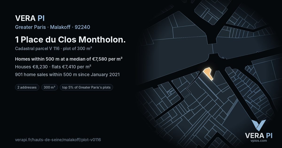1 Place du Clos Montholon, Malakoff at night – the plot lit, the parcels around coloured by the prices near them