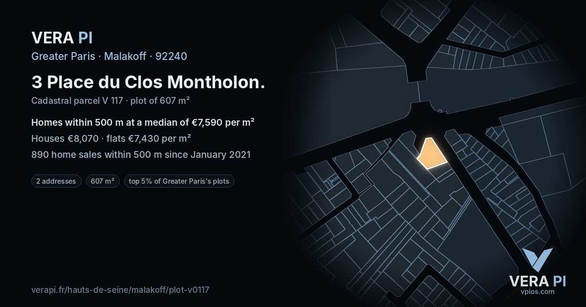 3 Place du Clos Montholon, Malakoff at night – the plot lit, the parcels around coloured by the prices near them