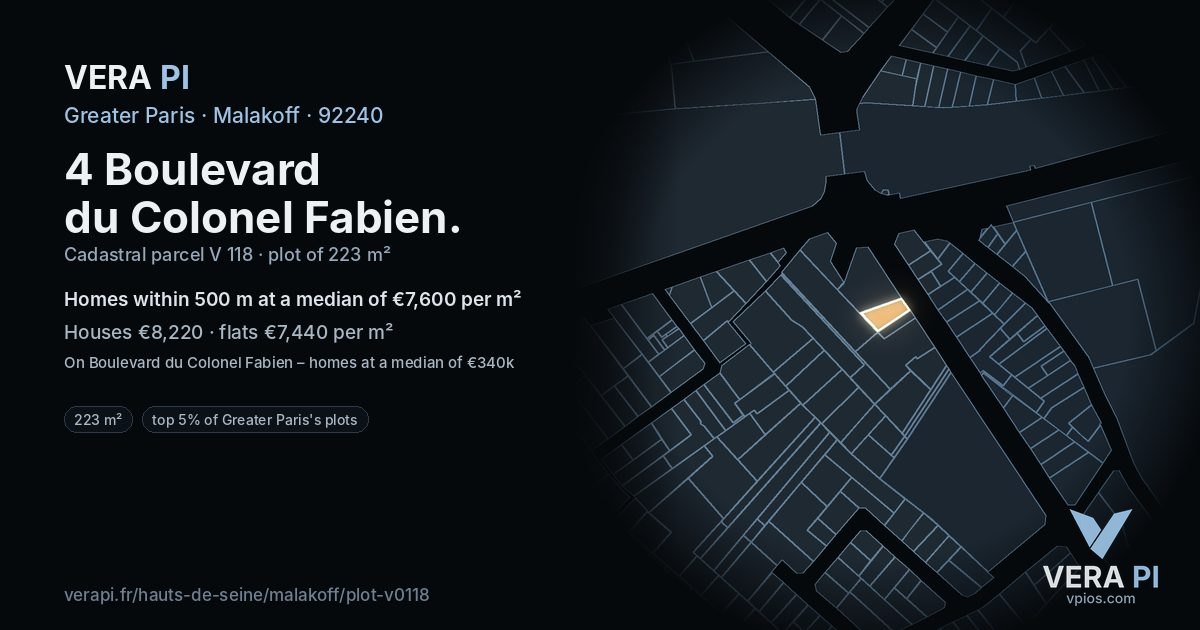 4 Boulevard du Colonel Fabien, Malakoff at night – the plot lit, the parcels around coloured by the prices near them