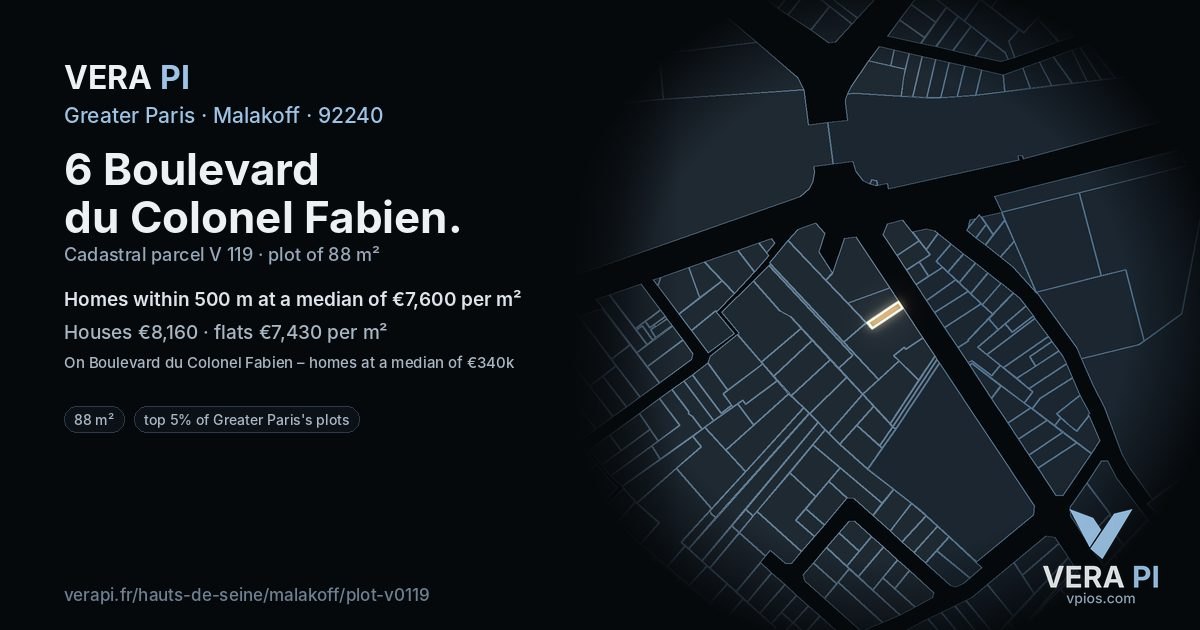 6 Boulevard du Colonel Fabien, Malakoff at night – the plot lit, the parcels around coloured by the prices near them
