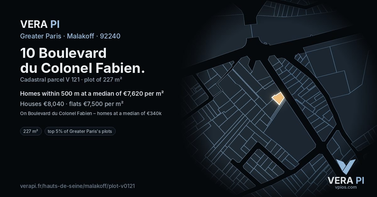 10 Boulevard du Colonel Fabien, Malakoff at night – the plot lit, the parcels around coloured by the prices near them