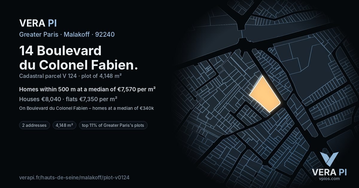 14 Boulevard du Colonel Fabien, Malakoff at night – the plot lit, the parcels around coloured by the prices near them