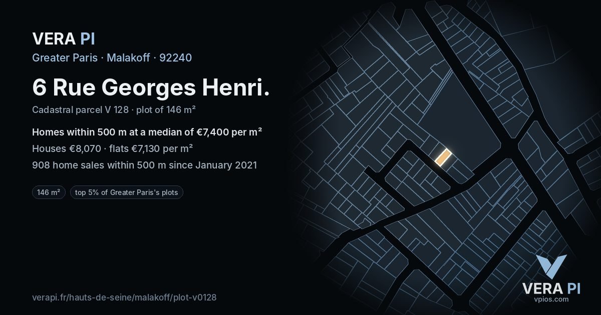 6 Rue Georges Henri, Malakoff at night – the plot lit, the parcels around coloured by the prices near them