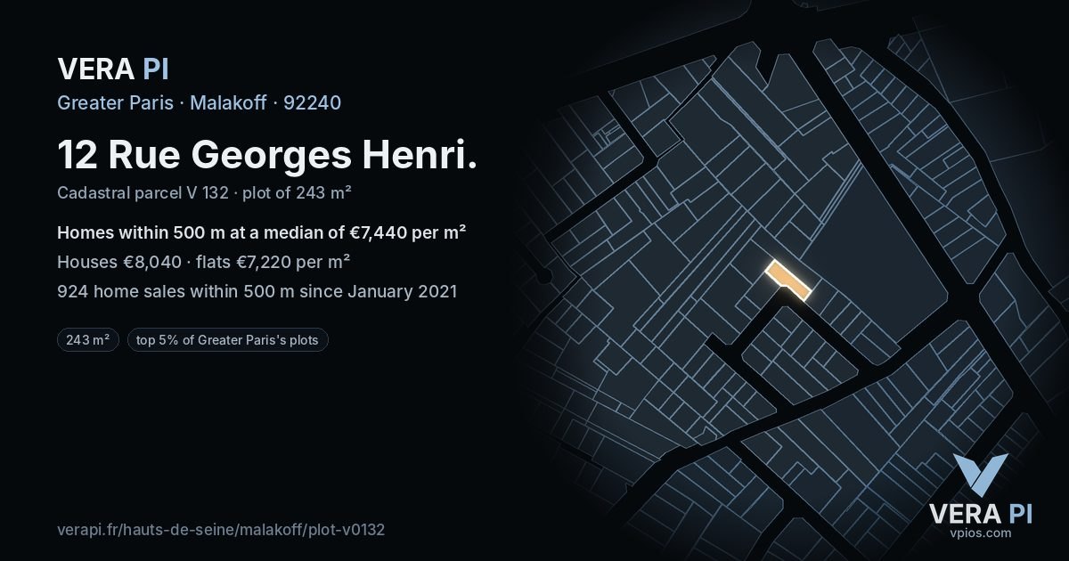 12 Rue Georges Henri, Malakoff at night – the plot lit, the parcels around coloured by the prices near them