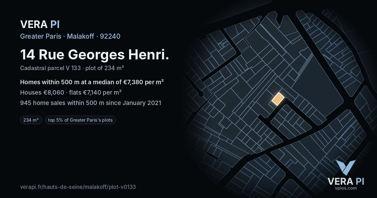 14 Rue Georges Henri, Malakoff at night – the plot lit, the parcels around coloured by the prices near them