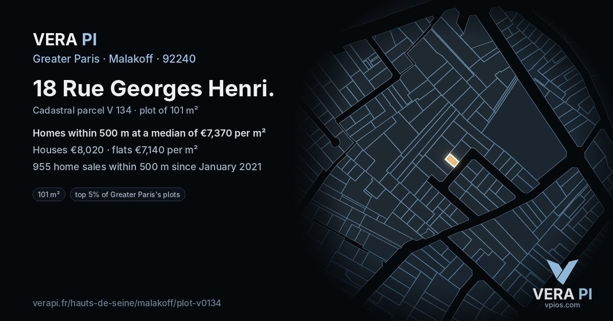 18 Rue Georges Henri, Malakoff at night – the plot lit, the parcels around coloured by the prices near them
