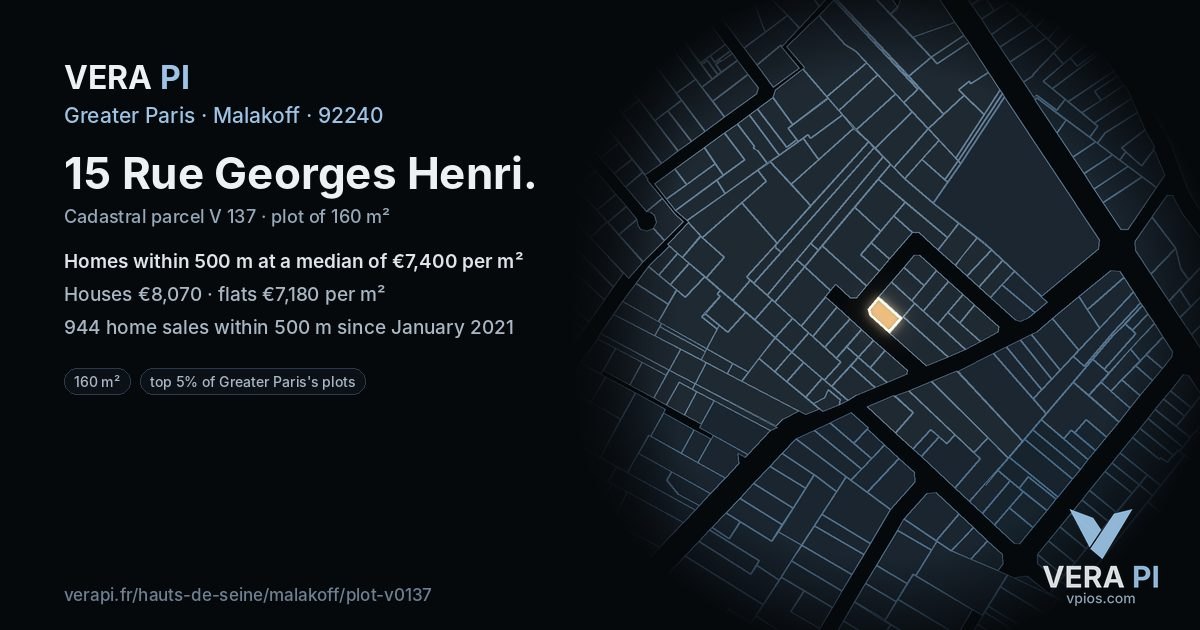 15 Rue Georges Henri, Malakoff at night – the plot lit, the parcels around coloured by the prices near them