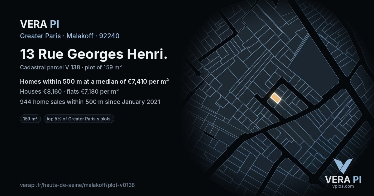 13 Rue Georges Henri, Malakoff at night – the plot lit, the parcels around coloured by the prices near them