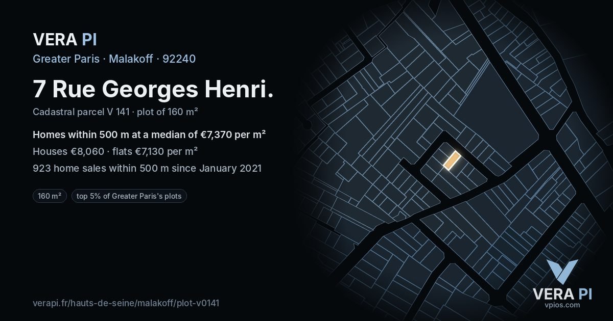 7 Rue Georges Henri, Malakoff at night – the plot lit, the parcels around coloured by the prices near them