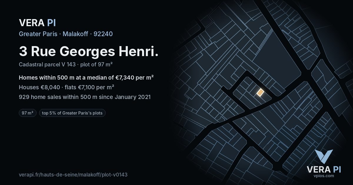 3 Rue Georges Henri, Malakoff at night – the plot lit, the parcels around coloured by the prices near them