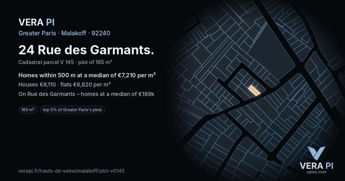 24 Rue des Garmants, Malakoff at night – the plot lit, the parcels around coloured by the prices near them
