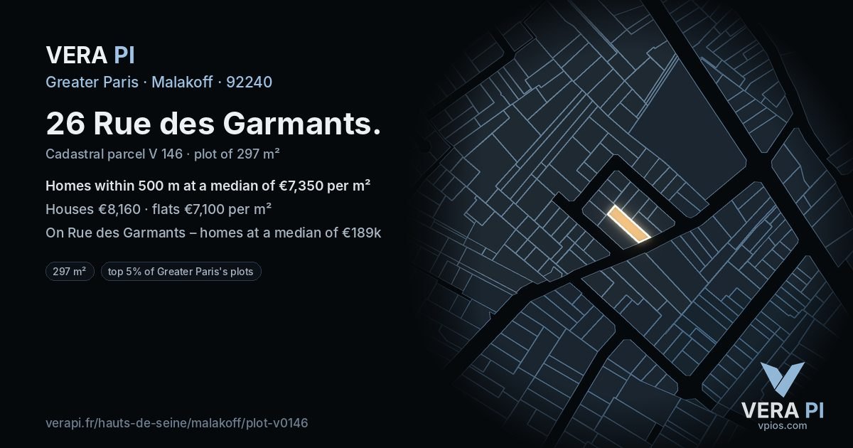 26 Rue des Garmants, Malakoff at night – the plot lit, the parcels around coloured by the prices near them