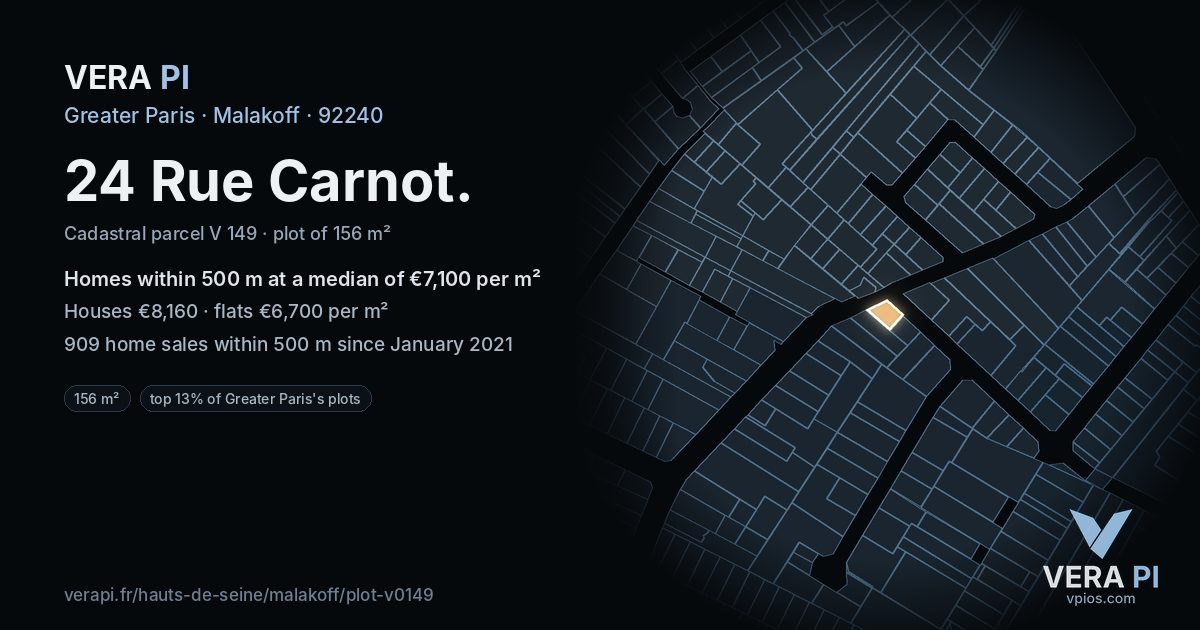 24 Rue Carnot, Malakoff at night – the plot lit, the parcels around coloured by the prices near them
