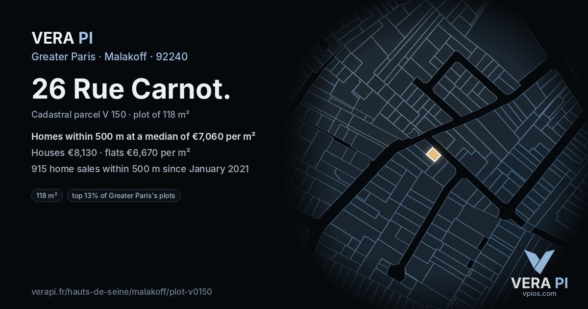 26 Rue Carnot, Malakoff at night – the plot lit, the parcels around coloured by the prices near them