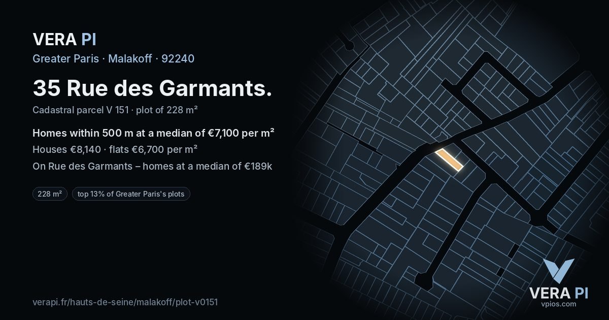 35 Rue des Garmants, Malakoff at night – the plot lit, the parcels around coloured by the prices near them
