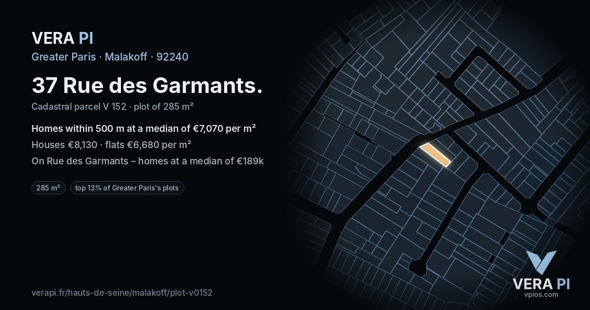 37 Rue des Garmants, Malakoff at night – the plot lit, the parcels around coloured by the prices near them