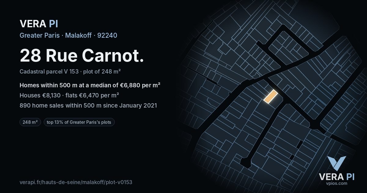 28 Rue Carnot, Malakoff at night – the plot lit, the parcels around coloured by the prices near them