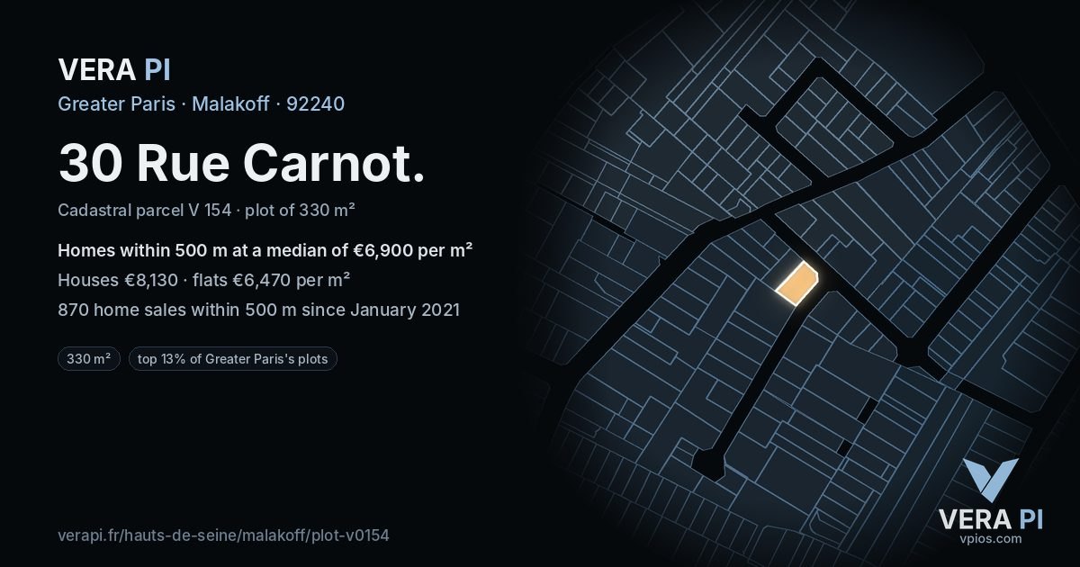 30 Rue Carnot, Malakoff at night – the plot lit, the parcels around coloured by the prices near them