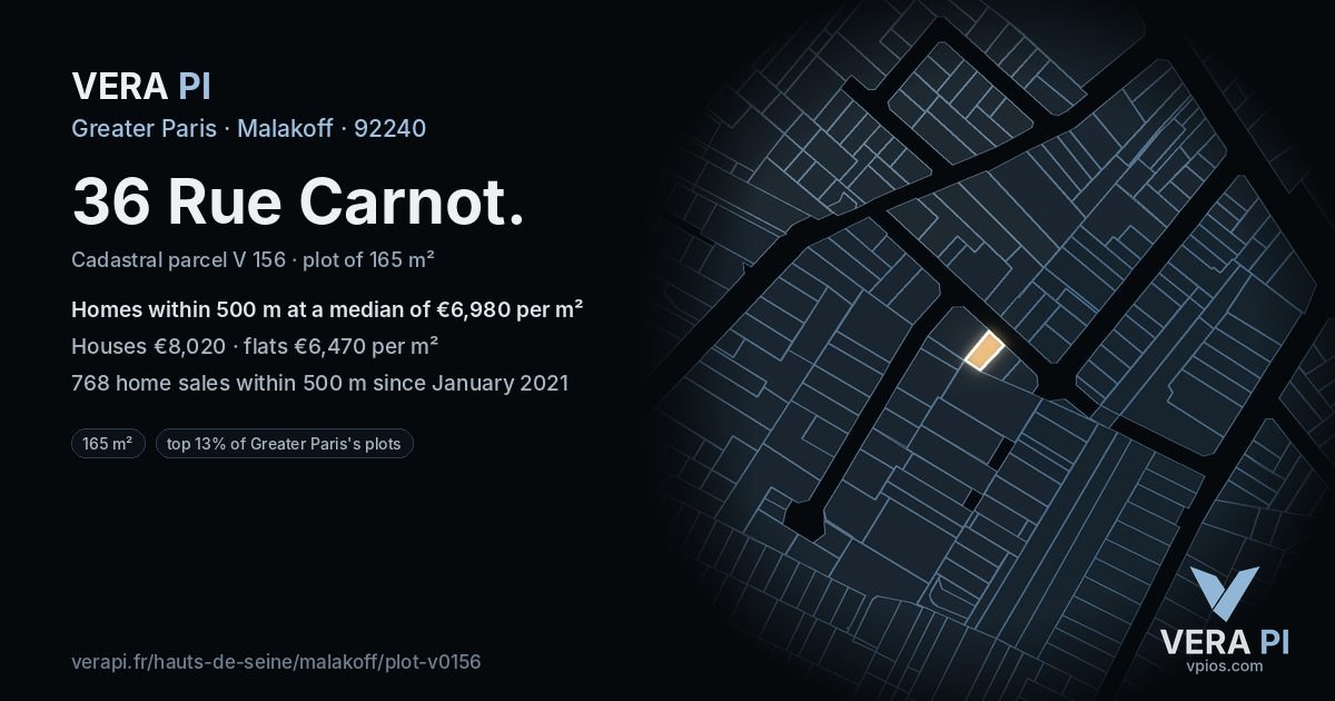 36 Rue Carnot, Malakoff at night – the plot lit, the parcels around coloured by the prices near them