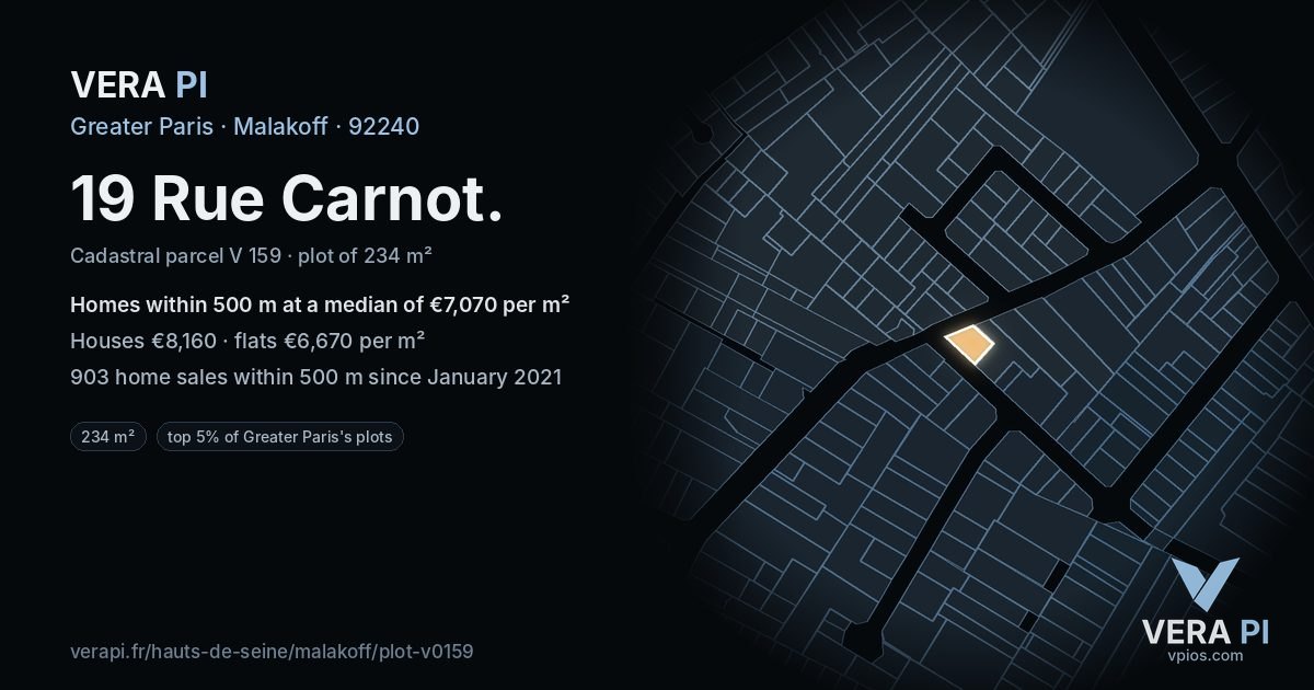 19 Rue Carnot, Malakoff at night – the plot lit, the parcels around coloured by the prices near them