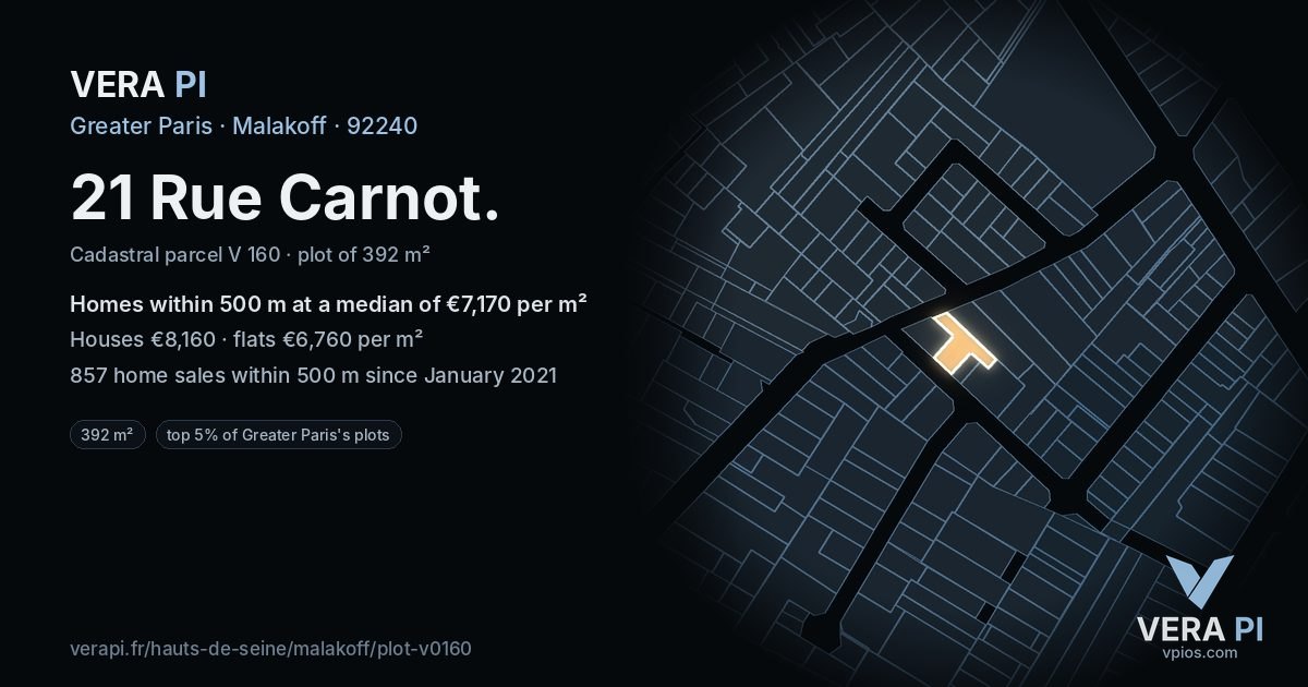 21 Rue Carnot, Malakoff at night – the plot lit, the parcels around coloured by the prices near them