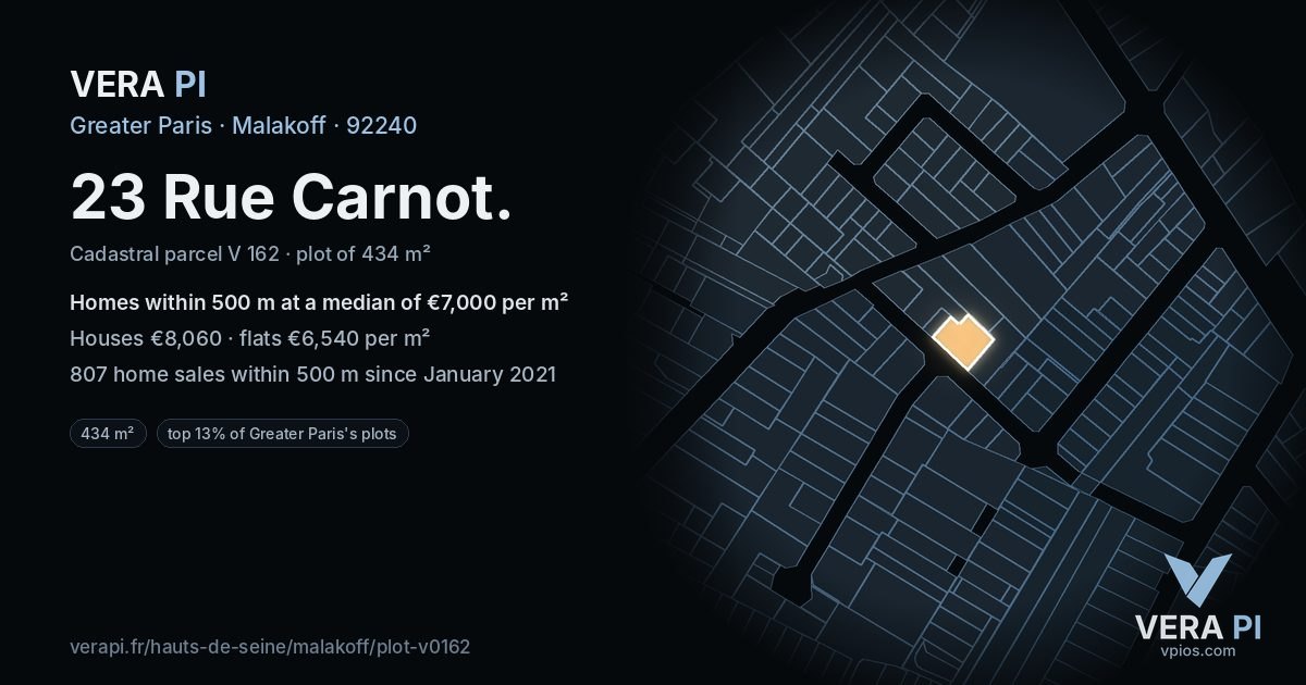 23 Rue Carnot, Malakoff at night – the plot lit, the parcels around coloured by the prices near them