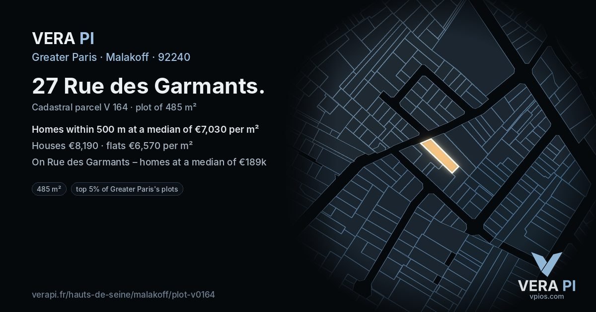 27 Rue des Garmants, Malakoff at night – the plot lit, the parcels around coloured by the prices near them