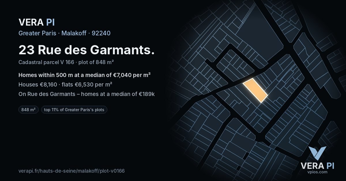 23 Rue des Garmants, Malakoff at night – the plot lit, the parcels around coloured by the prices near them