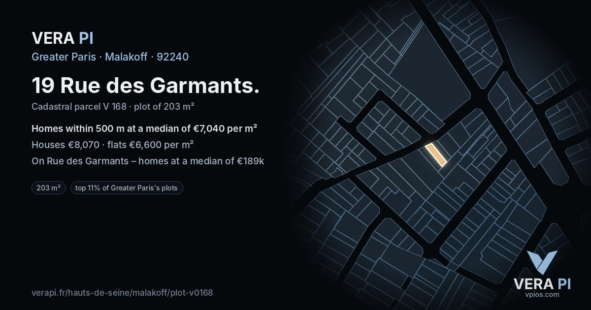 19 Rue des Garmants, Malakoff at night – the plot lit, the parcels around coloured by the prices near them