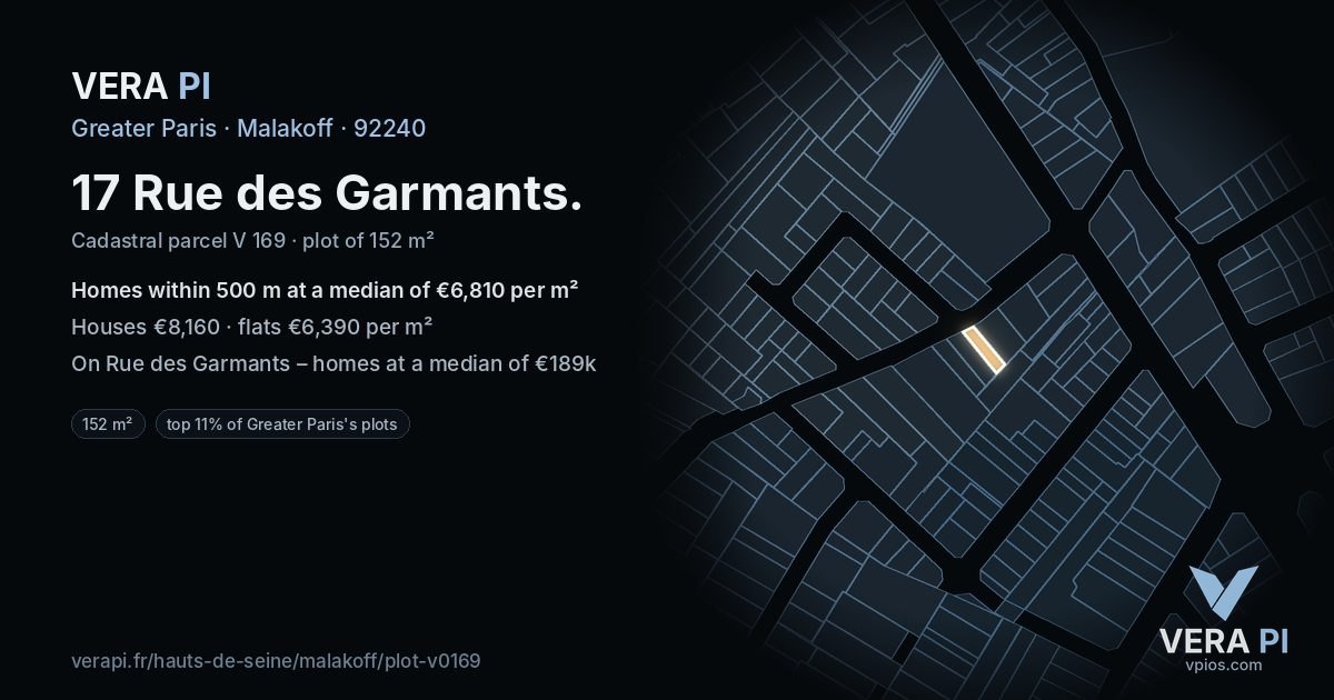 17 Rue des Garmants, Malakoff at night – the plot lit, the parcels around coloured by the prices near them